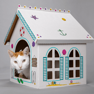 Breezy Beach Cottage Cardboard Cat Playhouse - Cat in the Box LLC